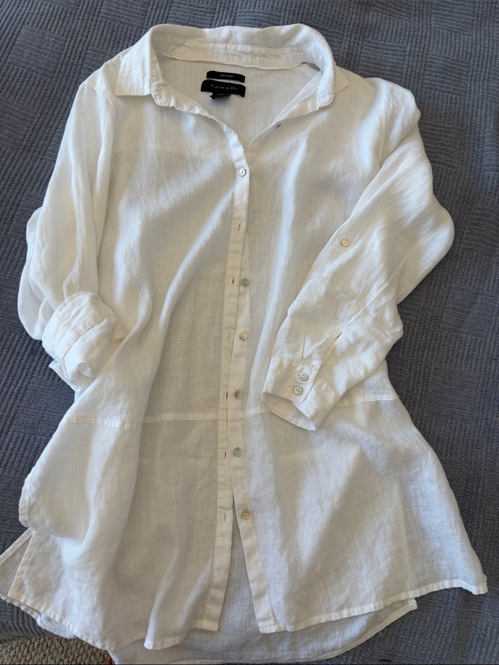 Tahari White Linen Button-Down Tunic Shirt
